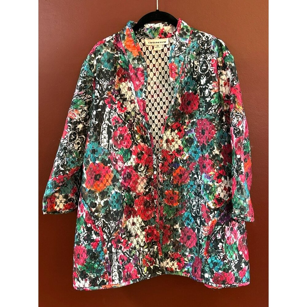 Caroline Rose Women's Colorful Floral Print Jacket 2X Cottagecore Wearable Art